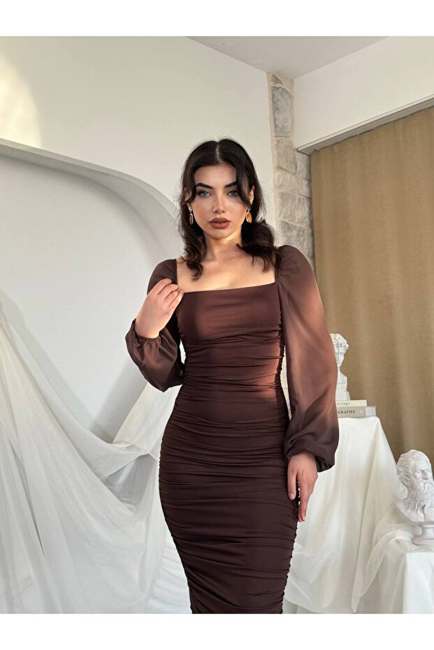 Şifon Kol Drapeli Sandy Elbise - 5