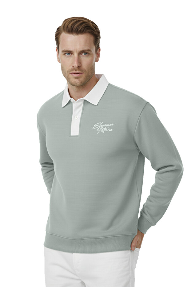 Men's Mint Green Relax Fit Fleece Lined Polo Neck Sweatshirt – Cotton Thick Sweatshirt 2600762