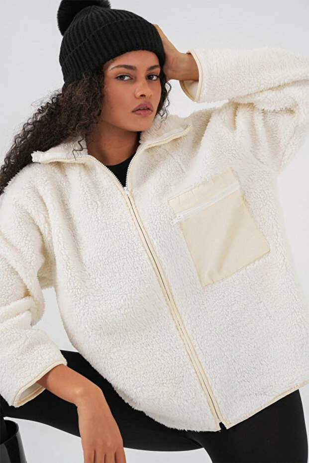 55446 Fermuarlı Oversize Peluş Mont - Bej - 1