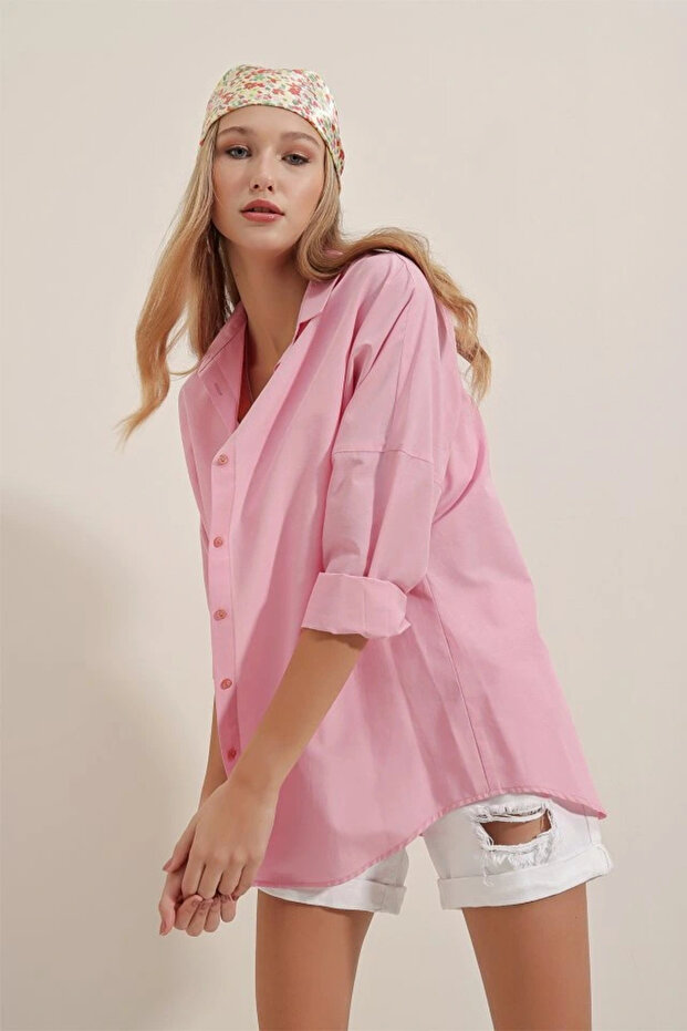 3900 Oversize Long Basic Shirt - Pink - 2