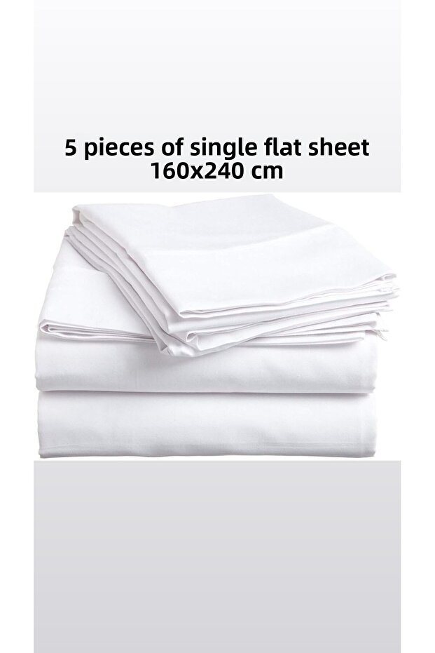 Ranforce single size 5-piece 160x240 cm white flat sheet set (heavyweight woven fabric for hotels)