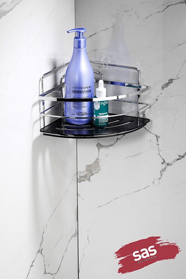 Single Adhesive Bathroom Shower Corner Shelf – Adjustable Crystal Shelf (Stick-On/Screw-On) Chrome-Black - Lk-0