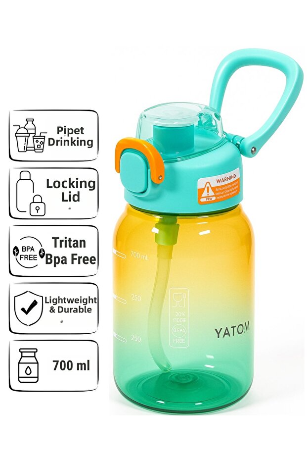 Tritan Water Bottle – 700 ml Water Bottle with Straw, Locking Lid, and Carrying Strap - Blue