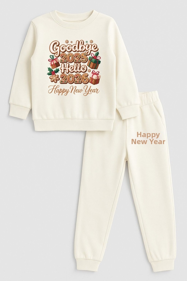 2026 New Year Santa Claus Christmas Printed Crew Neck Ecru Children's Tracksuit Bottom Top Set