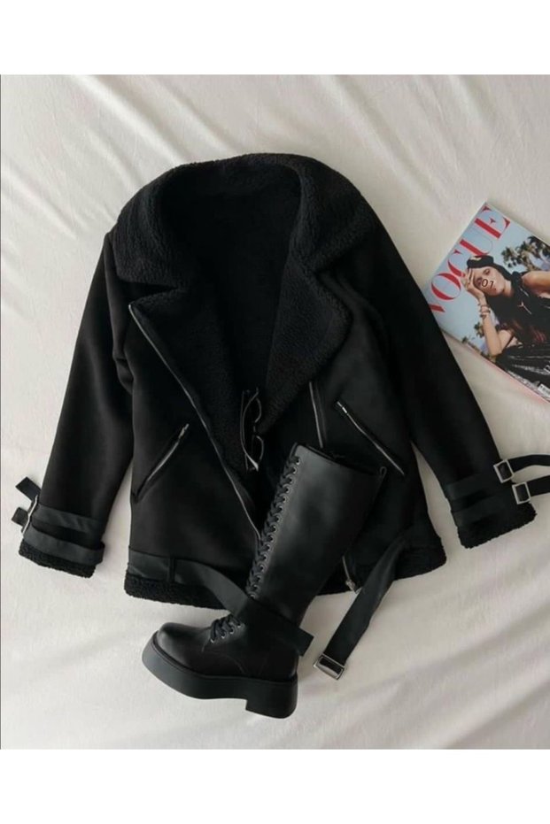 Fully Plush Covered Suede Coat Black