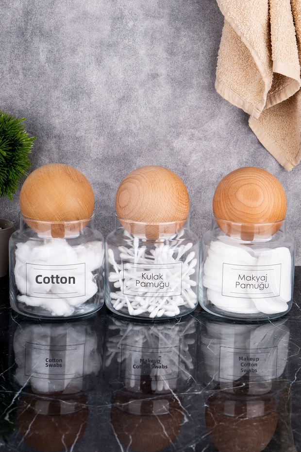 3-Piece Wooden Ball Lid Transparent Label Ear Makeup Cotton Bath Set Storage Container Glass Cotton Set