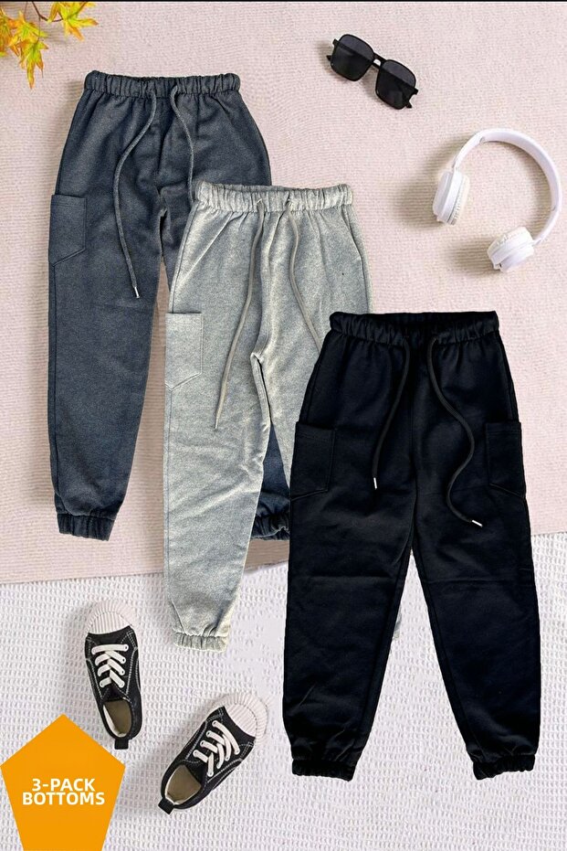 3-Pack Unisex Anthracite-Black-Grey Children's Sweatpants with Fleece Inside and Elastic Legs