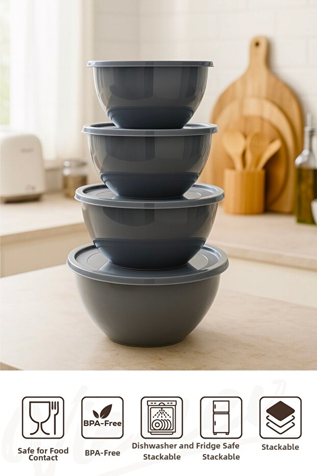 مجموعة من 4 أوعية مستديرة أنثراسيت |   1 لتر، 1.5 لتر، 2.3 لتر، 3.3 لتر |   حاوية تخزين المطبخ متعددة الأغراض مع غطاء - 3