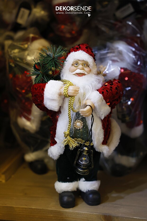 Santa Claus in Red Sequin Jacket with Lantern 30 cm