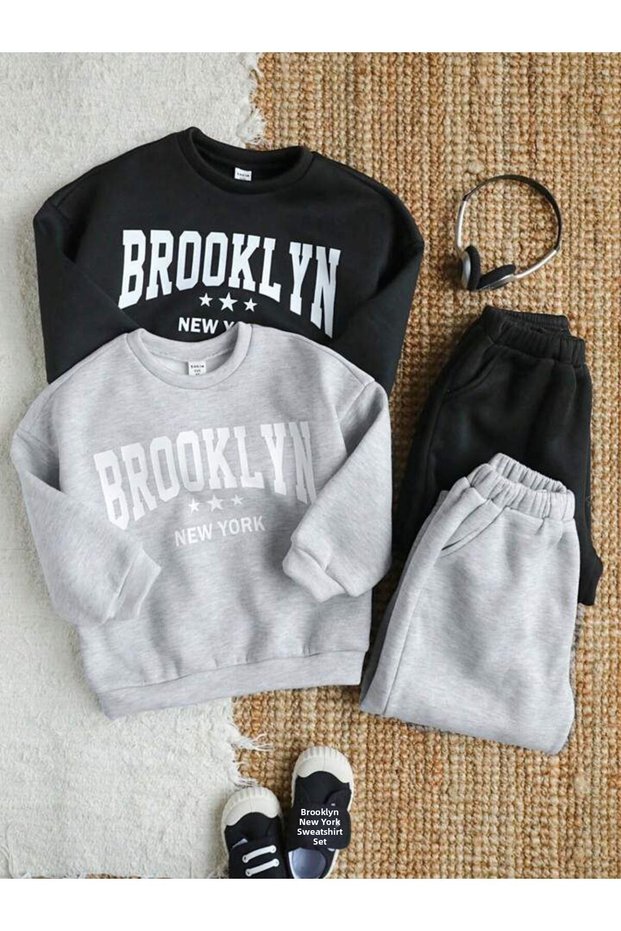 Girls-Boys 4-Pack Crew Neck Brooklyn Printed Sweatshirt-Sweatpants Set