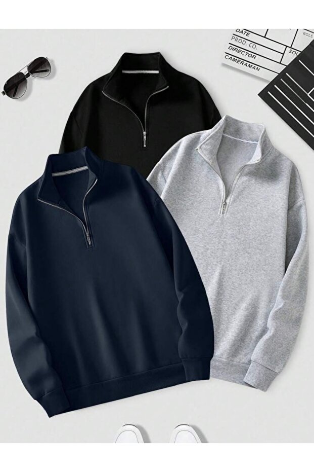 3-Piece Black Gray Navy Blue Stand Collar Zippered Solid Pullover Sweatshirt