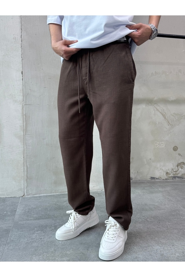Brown Relaks Fit Relaxed Cut Linen Trousers