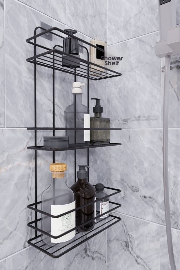 Lifetime Stainless Adhesive Flat Bathroom Organizer Shampoo Holder Shower Shelf Black
