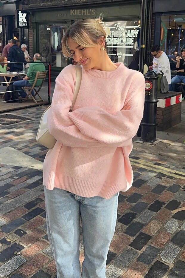 Pulover de damă oversize roz cu guler rotund - 4