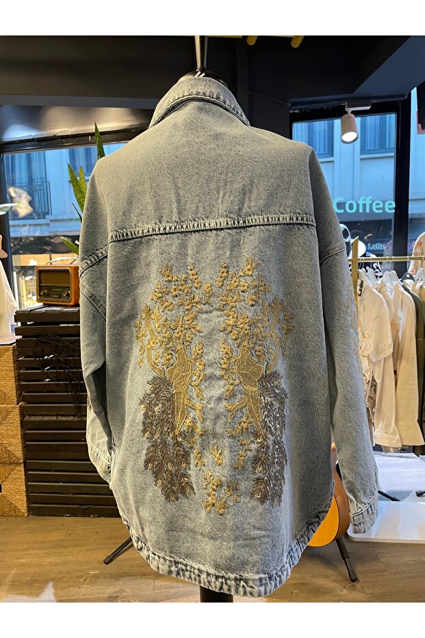 Women's Stone Embroidered Embroidered Cotton Denim Jacket