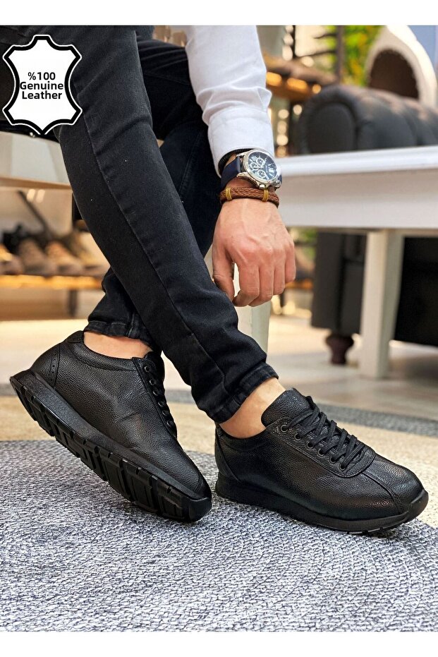 Black Genuine Leather Sneakers