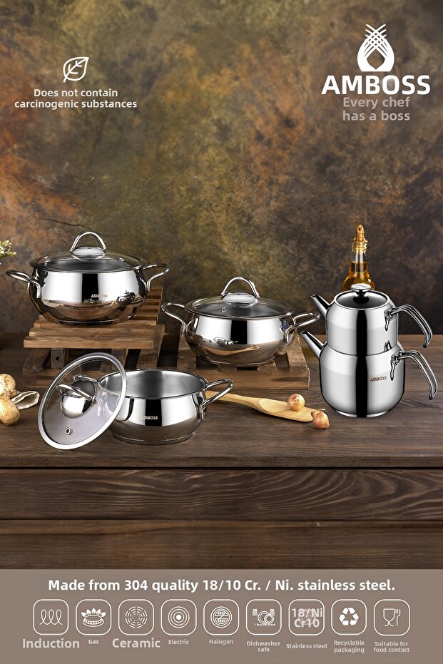 7 Piece Grand Stainless Steel Cookware and Teapot Set Suitable for All Stoves