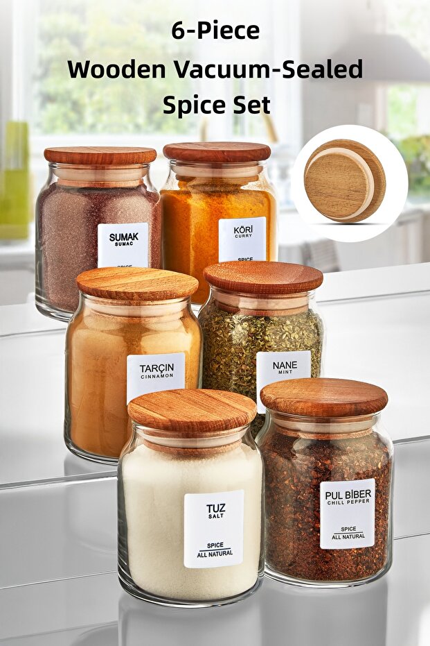 Myrina Labeled 6-Piece Wooden Vacuum-Sealed Spice Jar Set 300 ml x6