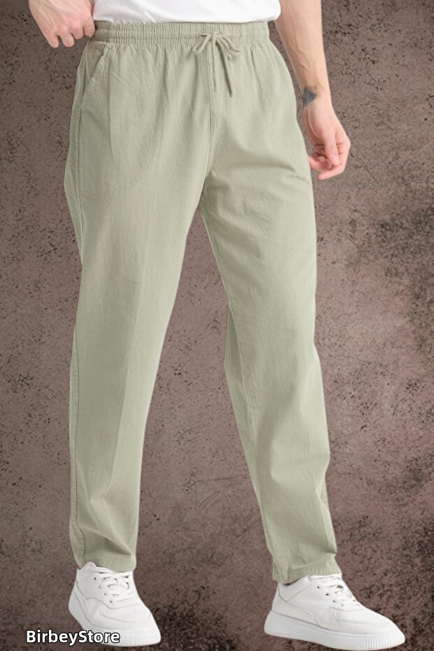 Summer Linen Trousers Raw Fabric Sweatpants Elastic Waist Unisex Comfortable Fit (Light Green)