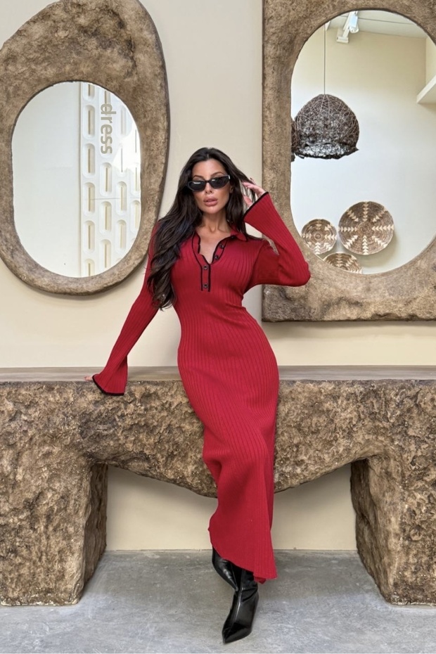 Maxi Boy Polo Neck Buttoned Knitwear Dress Aw25El0015