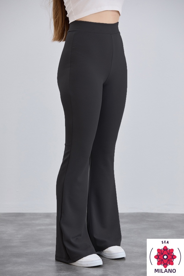 Women's Black Crepe Flare Leg High Waist Lycra Trousers Leggings