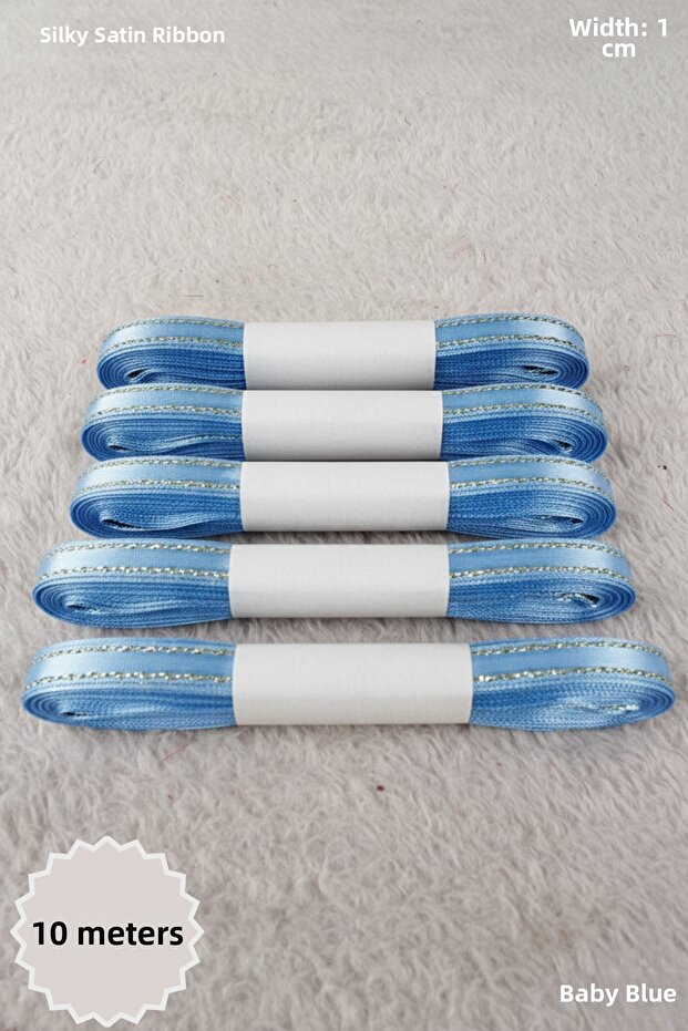 Baby Blue Glitter Satin Ribbon 1cm 10m - Bohça, Nikah, Nişan, Çeyiz, Hediye, Süsleme, Parti
