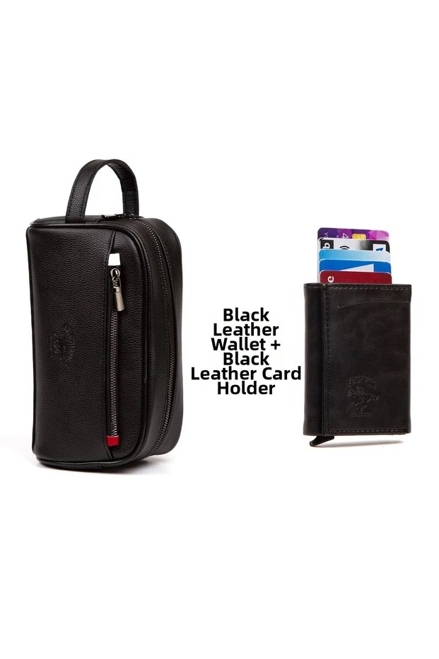 Men's Leather Mechanism Wallet and Portfolio Clutch and Daily Handbag (14X24Cm) - Black