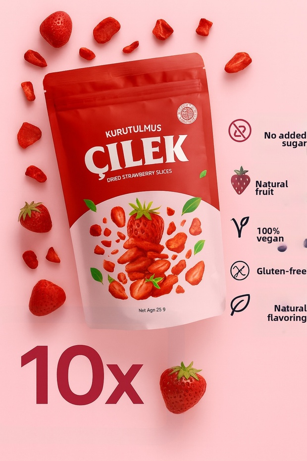 Natural Dried Strawberry Slices 10X25Gr - No Additives, No Sugar, 100% Fruit, Vegan 10 Pieces