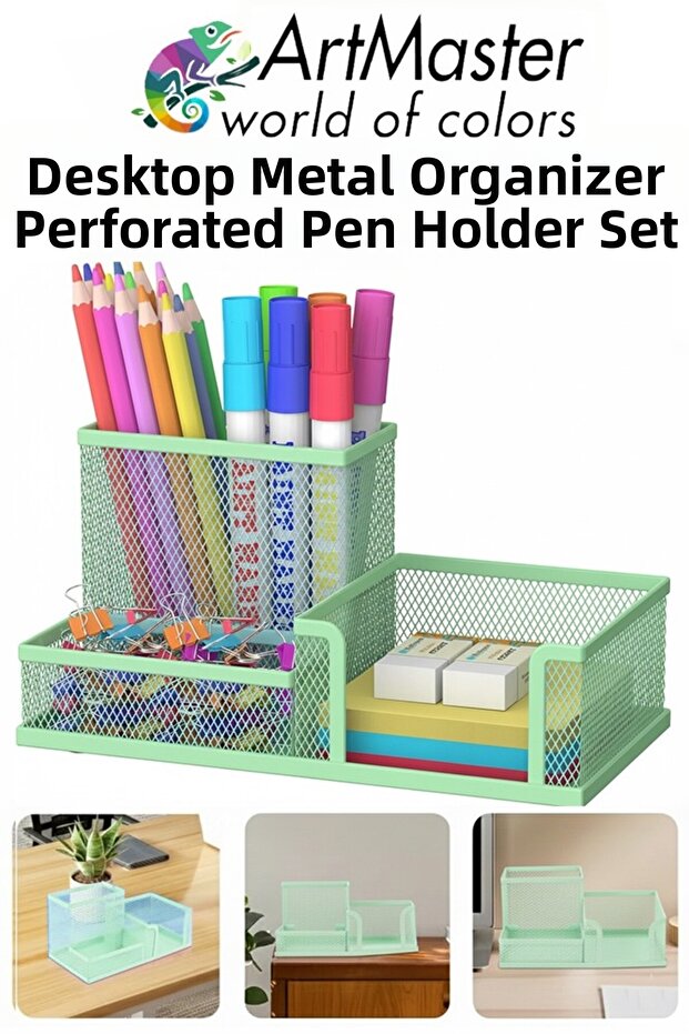 Desktop Metal Pen Holder Set 3-Piece Combo Light Green 1 Pack Mesh Perforated Pen Holder Paper Holder with Paper Clip