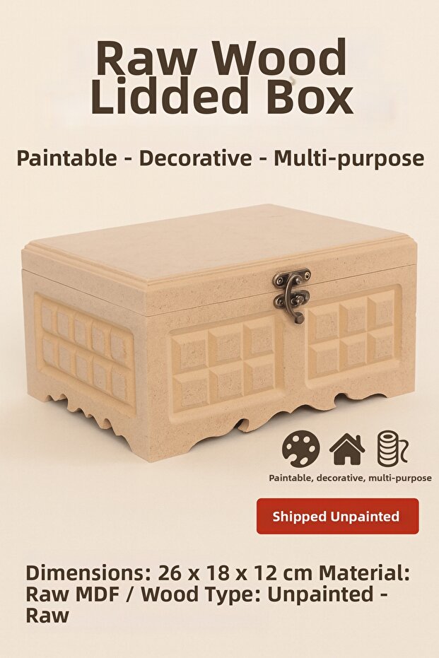 Raw Wooden Box with Lid 26X18X12 cm | Paintable Decorative Multi-Purpose Storage Box