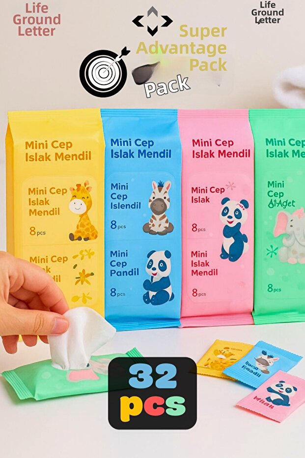 4X8 32 Pack Mini Pocket Wet Wipes Unscented Cleaning Cloth Portable for Kids and School Bag Kawaii