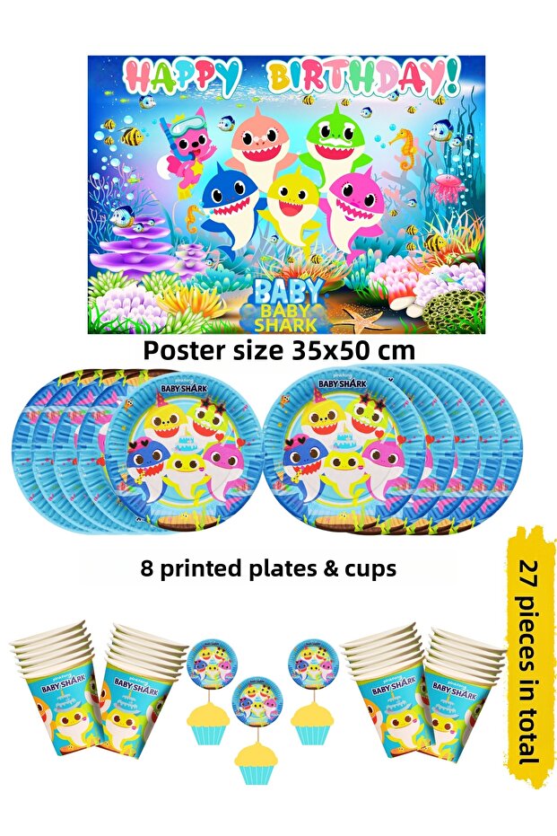Baby Shark Themed Birthday Plate, Cup, Banner Set