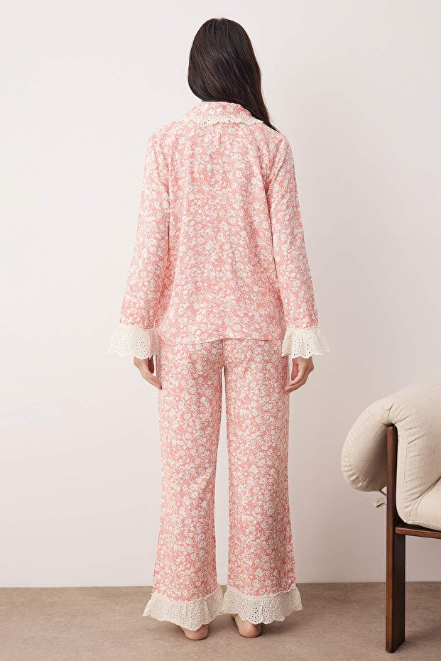 Pembe Çiçekli Viskon Dokuma Pijama Takımı THMAW26PT00185 - 4
