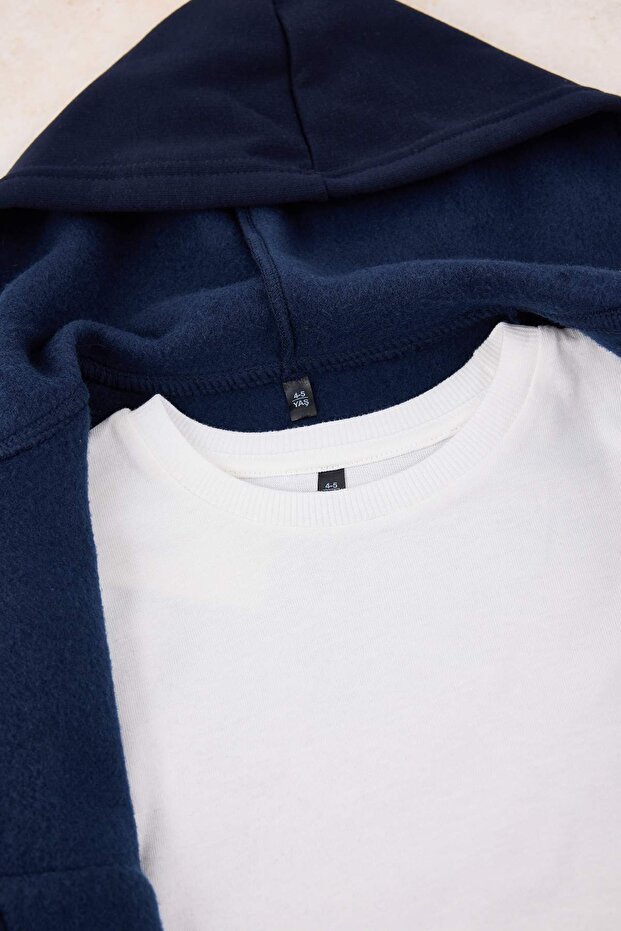 Lacivert 3'lü Kapüşonlu Baskılı Erkek Çocuk Örme T-Shirt-Eşofman Altı-Sweatshirt Set TKDAW26AU00074 - 4