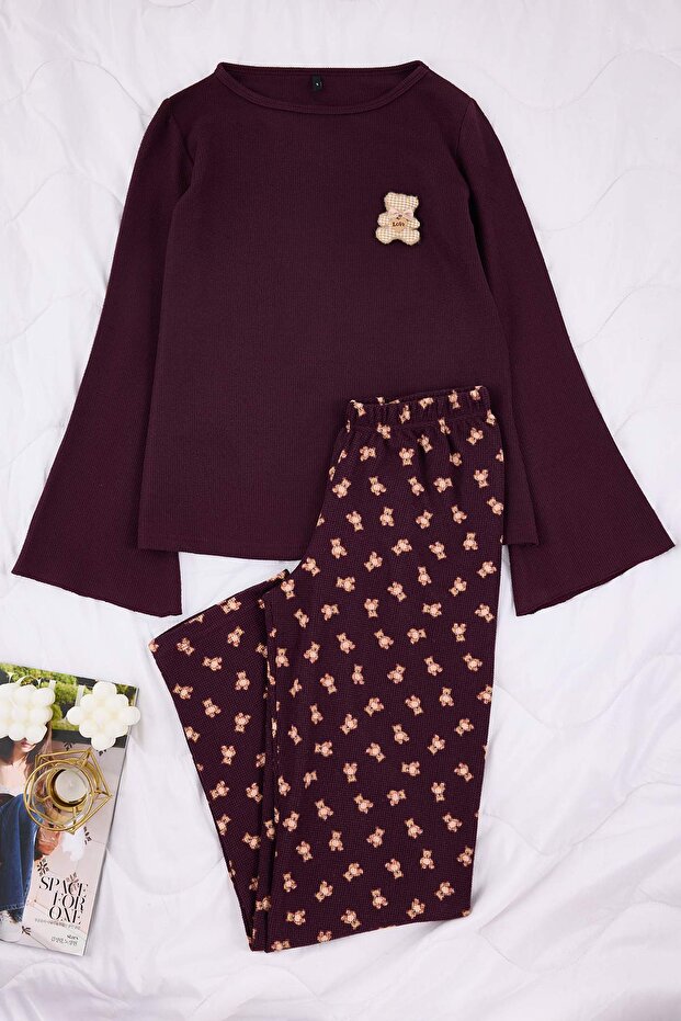 Kahverengi Ayıcıklı Yumuşak Kışlık Waffle Örme Pijama Takımı THMAW26PT00187 - 5