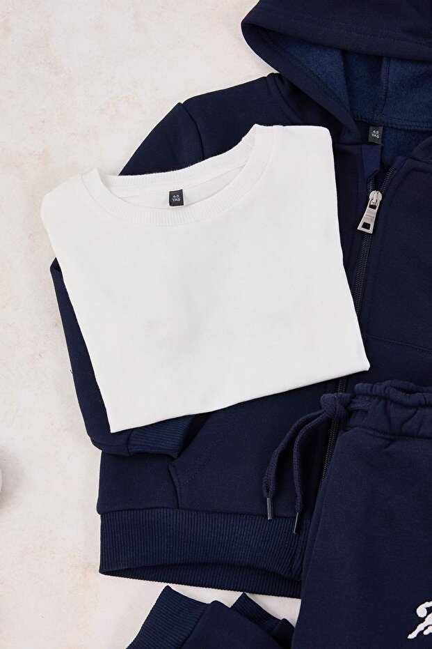 Lacivert 3'lü Kapüşonlu Baskılı Erkek Çocuk Örme T-Shirt-Eşofman Altı-Sweatshirt Set TKDAW26AU00074 - 5