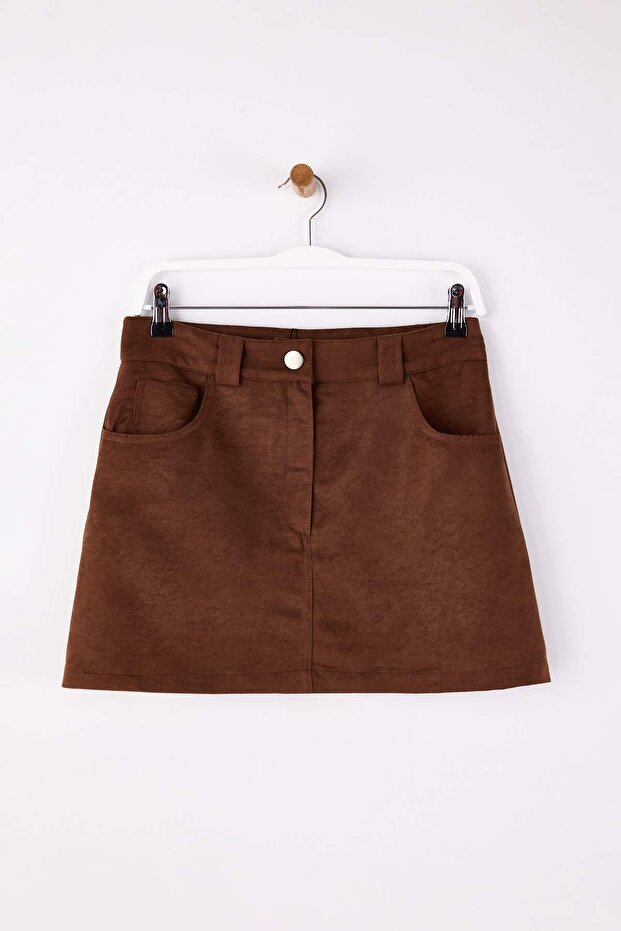 Koyu Kahverengi Suni Süet Mini Şort Etek Şort & Bermuda TWOAW26SR00058 - 5