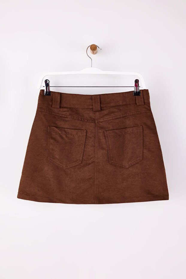 Koyu Kahverengi Suni Süet Mini Şort Etek Şort & Bermuda TWOAW26SR00058 - 6