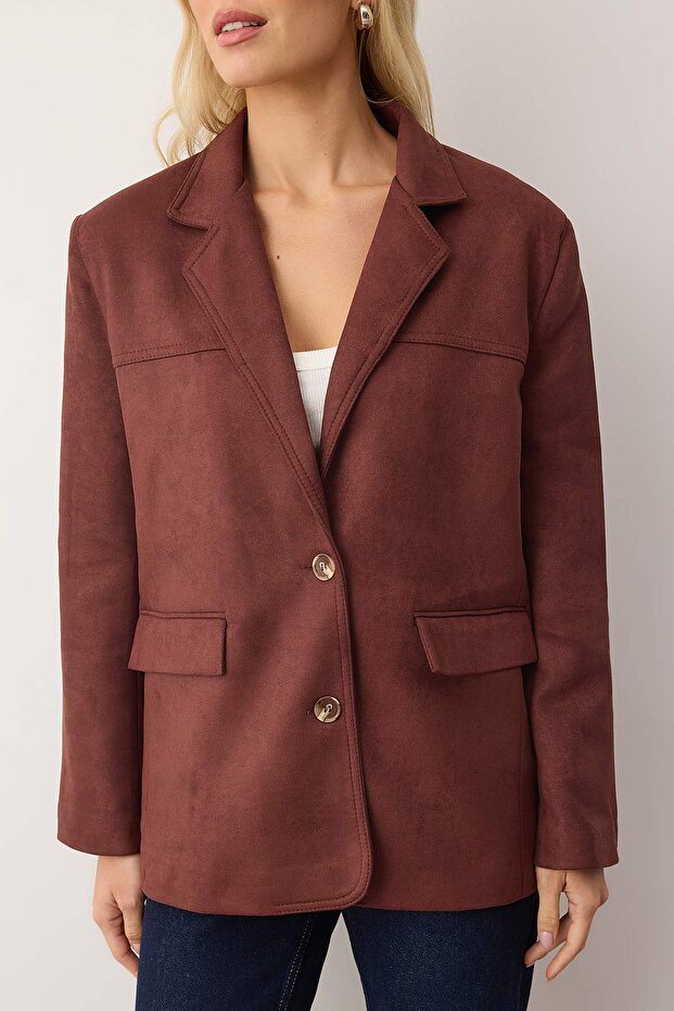 Kahverengi*001 Rahat Kalıp Dokuma Süet Blazer Ceket TWOAW26BC00001 - 3