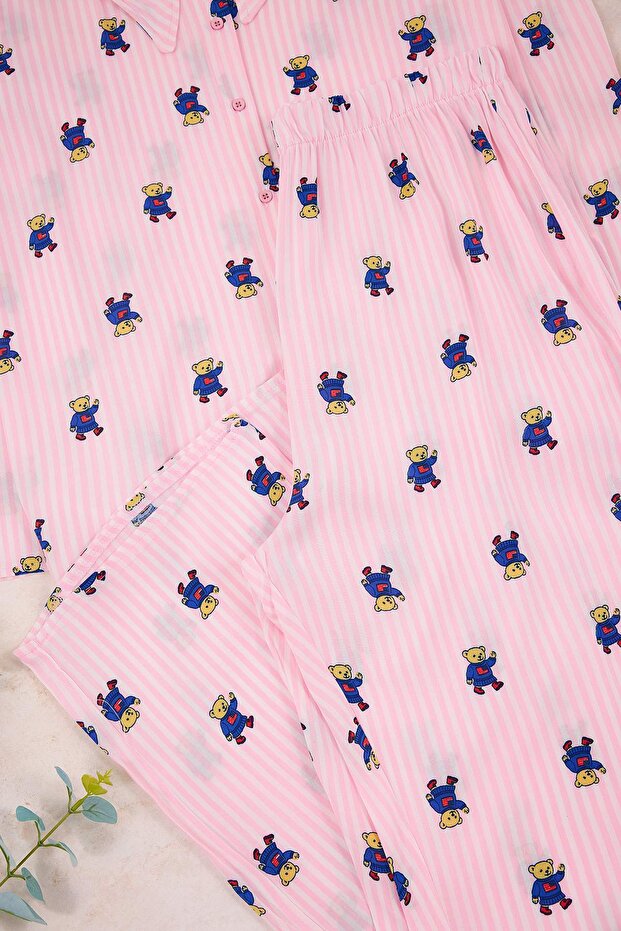 Pembe Çizgi&Kalp Desenli Gömlek Yaka Dokuma Pijama Takımı TBBAW26AI00029 - 4
