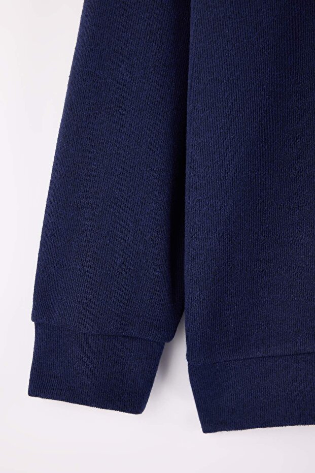 Lacivert Yeni Oversize Büyük Beden Dokulu Dik Yaka Tilki Nakışlı Sweatshirt TMNAW26AO00000 - 3