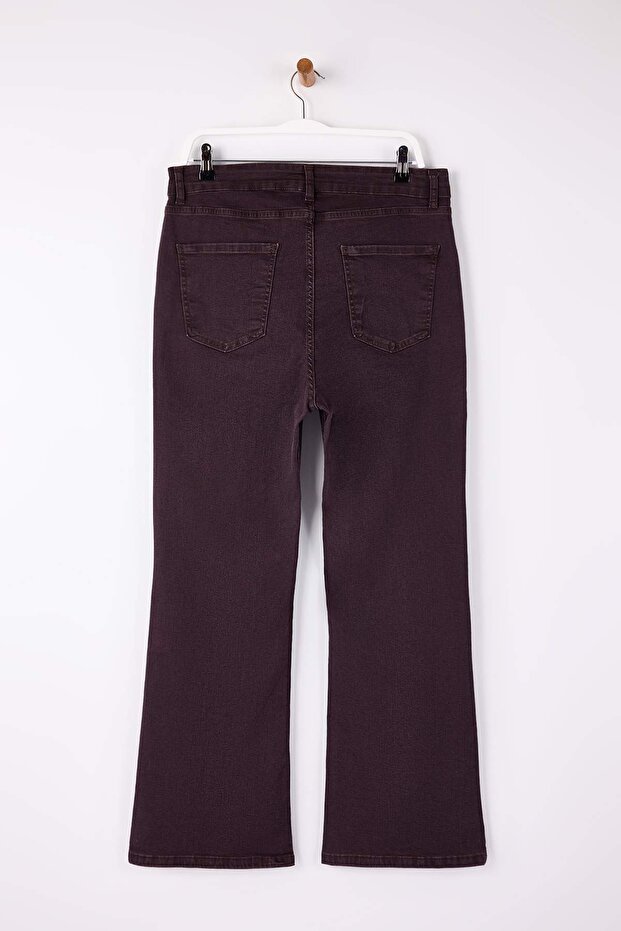 Bordo Yüksek Bel Esnek Kumaş İspanyol Paça Flare Fit Büyük Beden Jeans TBBAW23JE00001 - 5