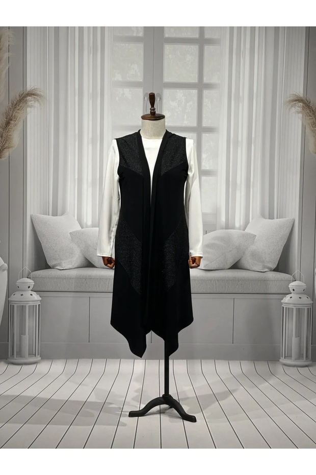 Women's Sevda Large Size Verev Glitter Asymmetrical Black Vest
