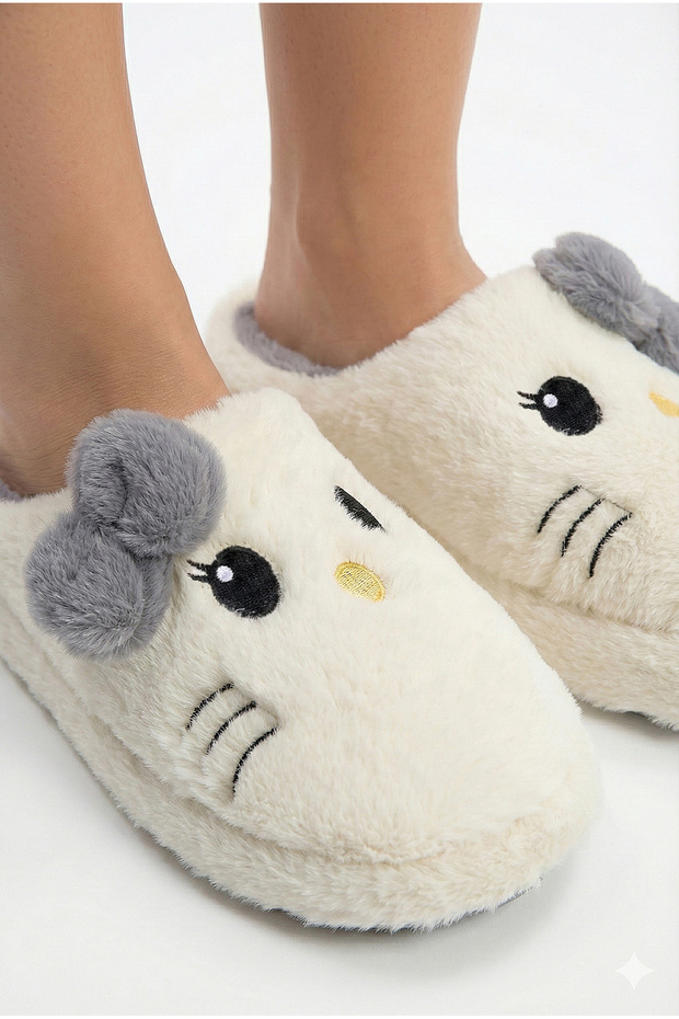Hello Figured Ribbon Detailed Fluffy Animal Figured Non-Slip Sole Slippers Women's Home Slippers
