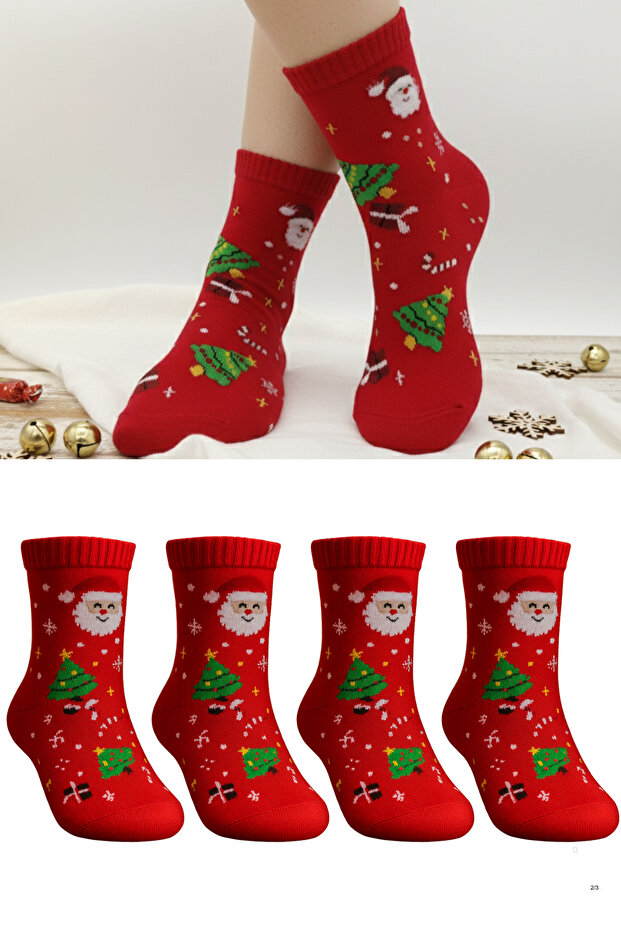 4 Pairs of Christmas Themed College Size Stitch-Free Socks – Christmas Patterned Comfortable Socks Set