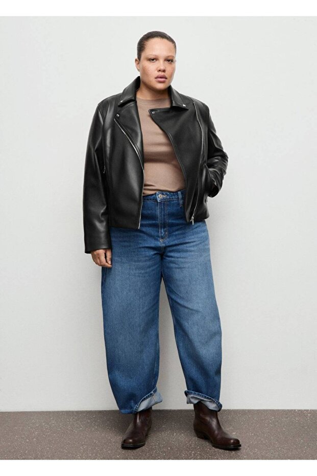 Deri görünümlü biker ceket - 5