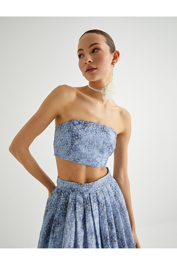 Crop Strapless Bustier Floral Scalloped Slim Fit
