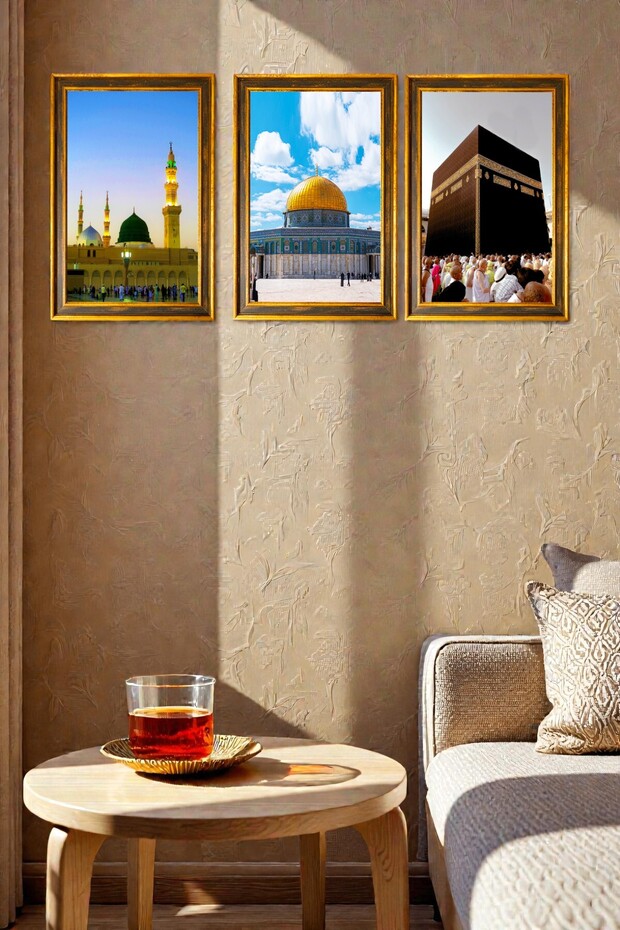 Kaaba, Mescid-I Nebevî, Mescid-I Aksa Frame View Mdf Triple Islamic Table Model, Religious Wall Decoration