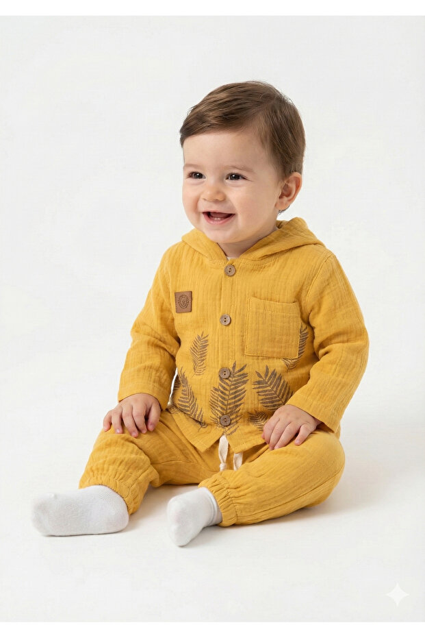 Natural Leaf Printed Long Sleeve Baby Shirt Set 9-12-18 Months - 100% Cotton Muslin Summer Set