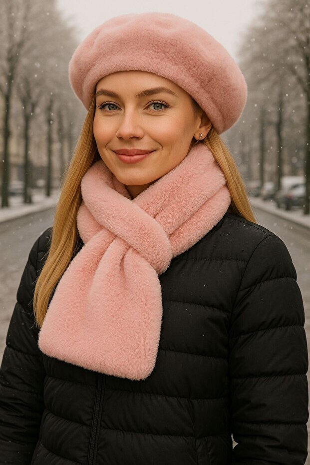 Pink Soft Textured Plush Painter's Beret and Neck Collar Set of 2